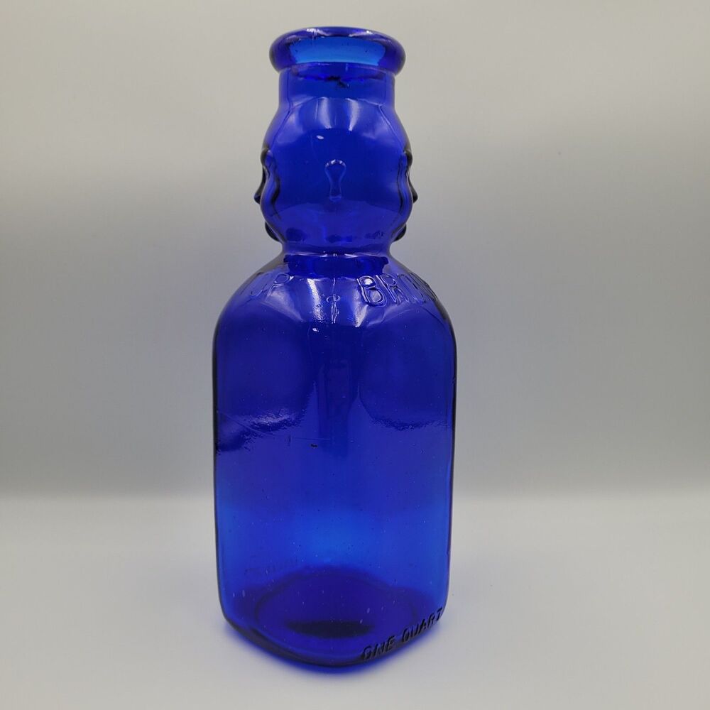 Vintage Brookfield Double Face Baby Top Cobalt Glass Milk Bottle One Quart 9.5"
